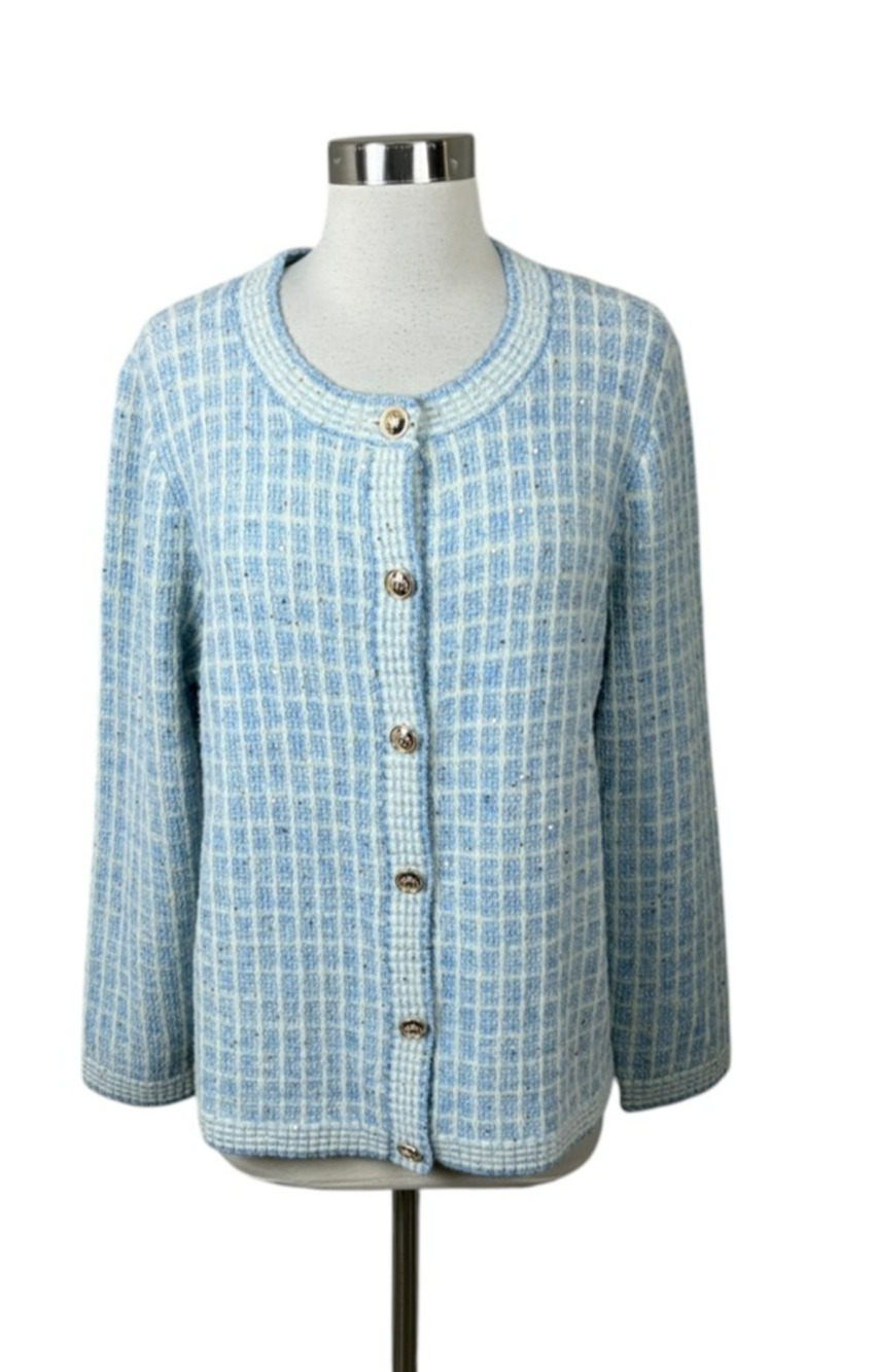 Talbots NEW Blue White Check Knit Shimmer Cardigan Size 1X Classic Old Money